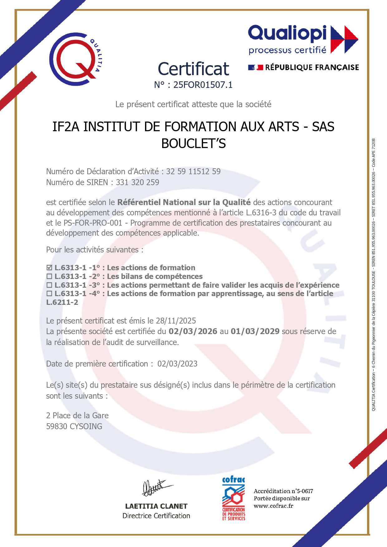 Certificat Qualiopi n°25FOR01507.1 de l'IF2A (SAS BOUCLET'S), délivré par QUALITIA Certification, valide du 02/03/2026 au 01/03/2029